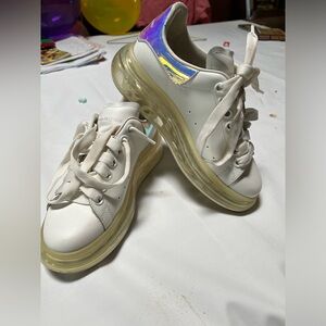 Alexander McQueen platform lace up tennis shoes, white with clear flat form sole